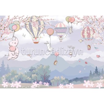 Uçan Balonlar ve Sevimli Hayvanlar Baskılı Duvar Kağıdı 271299310