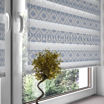 Mavi Damask Desen Baskılı Zebra Stor Perde-1462