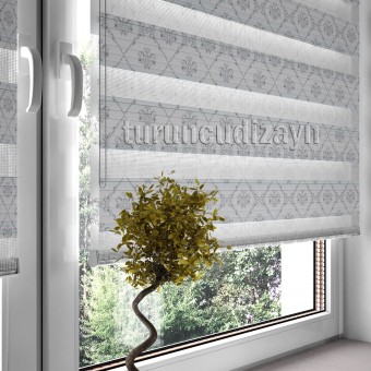 Gri Damask Desen Baskılı Zebra Stor Perde-1463