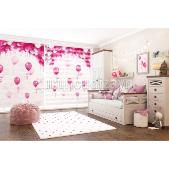 Pembe Balonlar Pano Baskılı Zebra Perde-70300