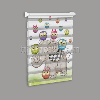 Sevimli Fil ve Baykuşlar Pano Baskılı Zebra Perde-70309