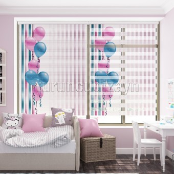 Mavi Pembe Balonlar Pano Baskılı Zebra Perde 70331